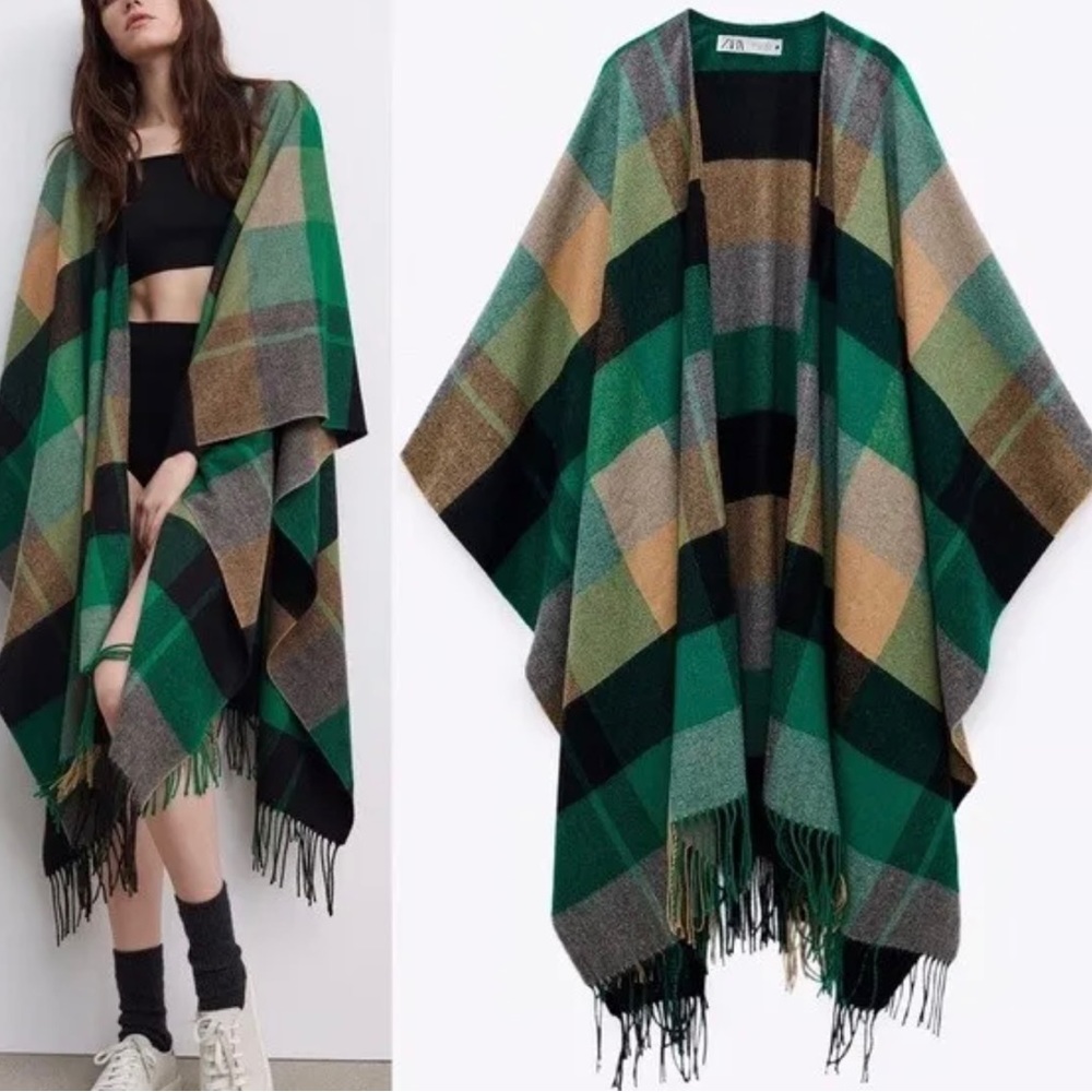 New with tags Zara green plaid blanket cape with fringe. Size medium